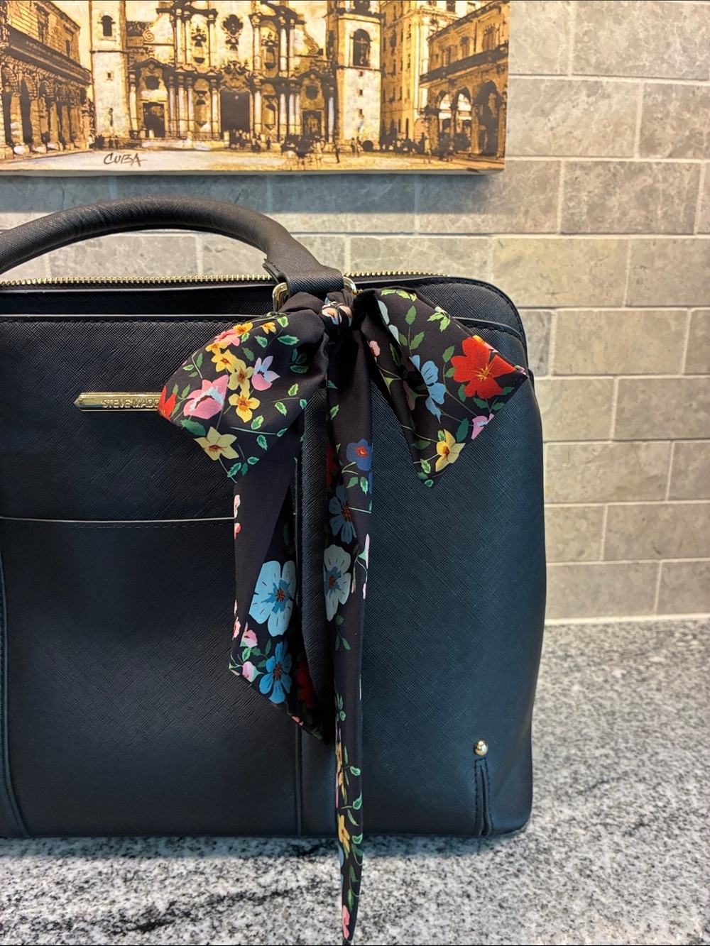 Steve Madden Black Satchel with Floral Scarf Accent.  B21 - Picture 9 of 10